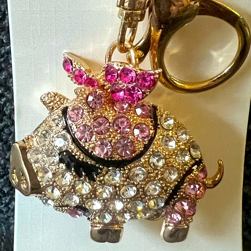Multi colored piggy gemstone key chain with gold hoop